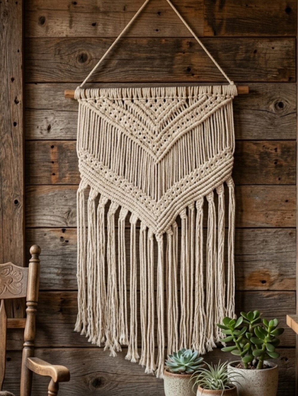 Vintage 70s Macrame Wall Hanging | Stiff Cord Chevron Boho Decor 16x34"